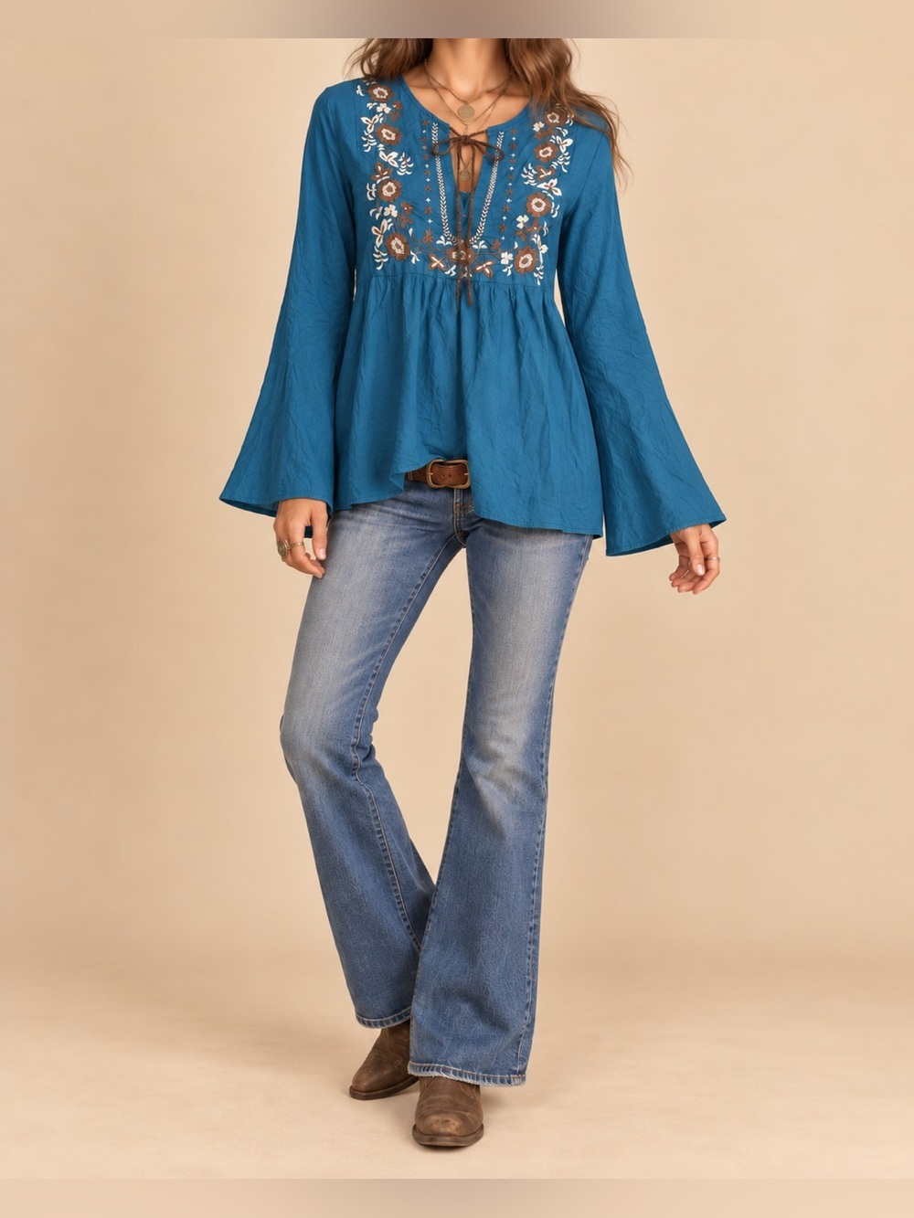 NWOT Vintage Angie Teal Embroidered Boho Tunic Top Medium